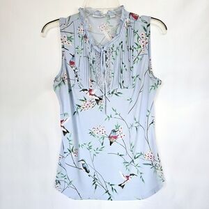 New York & Company Pale Blue Sleeveless Blouse with Colorful Hummingbirds